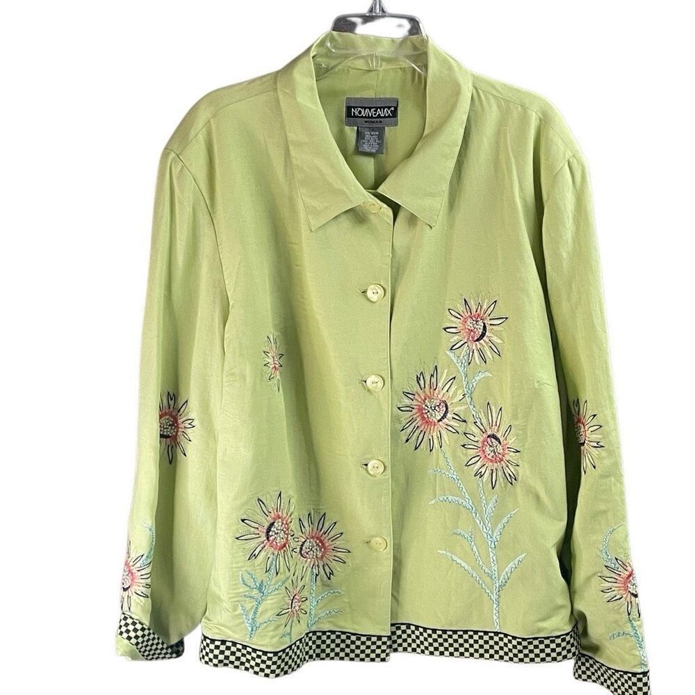 NOUVEAUX Women’s Linen Lime Green Embroidered Floral Blazer Jacket Boho Size 24